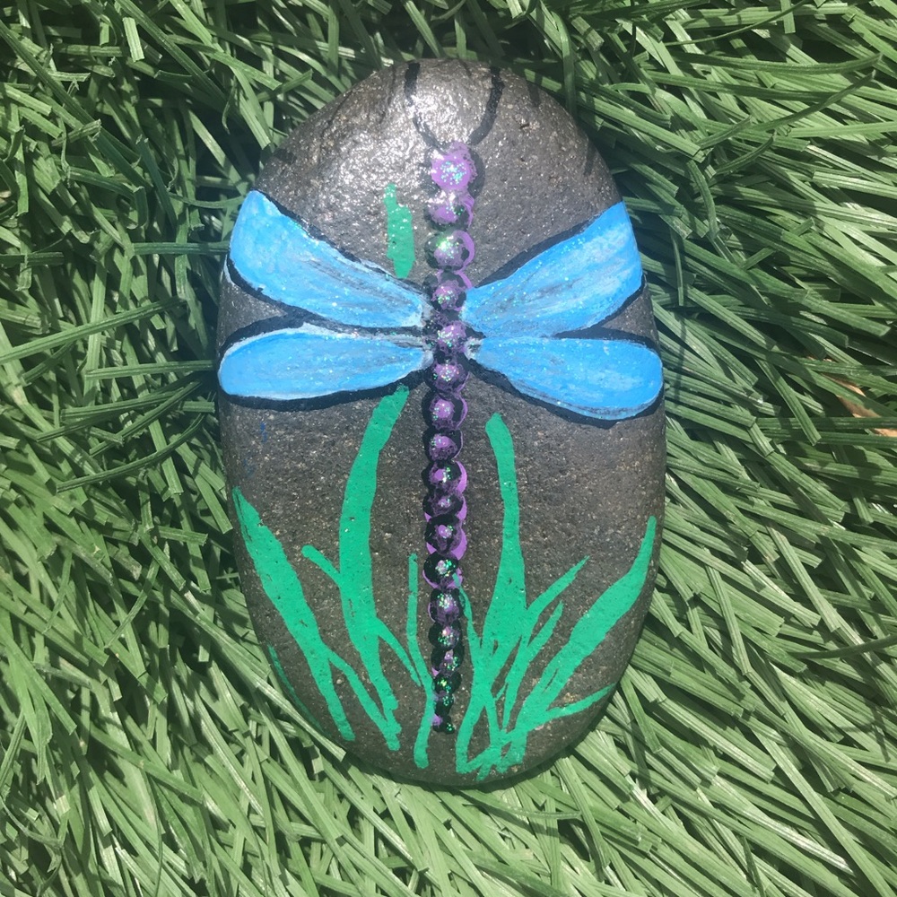 Handpainted dragon fly rock home decor